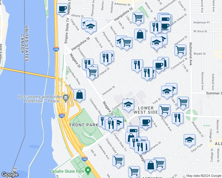 map of restaurants, bars, coffee shops, grocery stores, and more near 655 Prospect Avenue in Buffalo