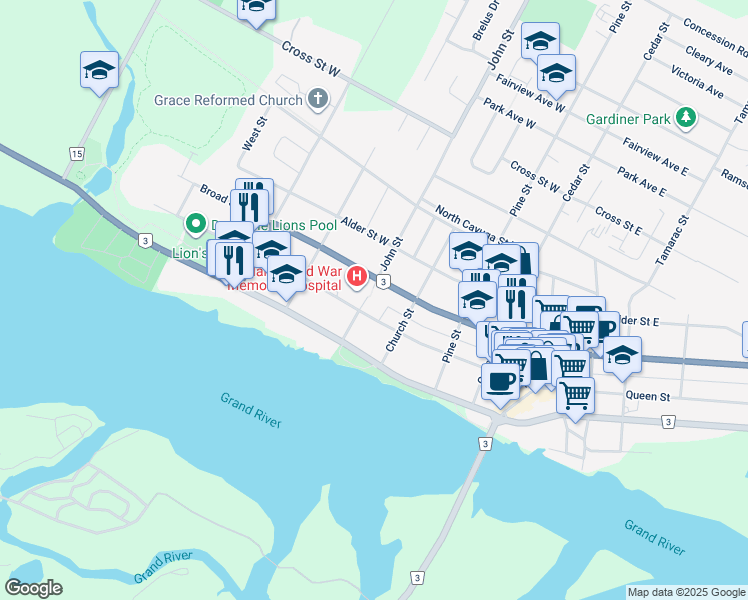 map of restaurants, bars, coffee shops, grocery stores, and more near 324 Lock Street West in Haldimand County