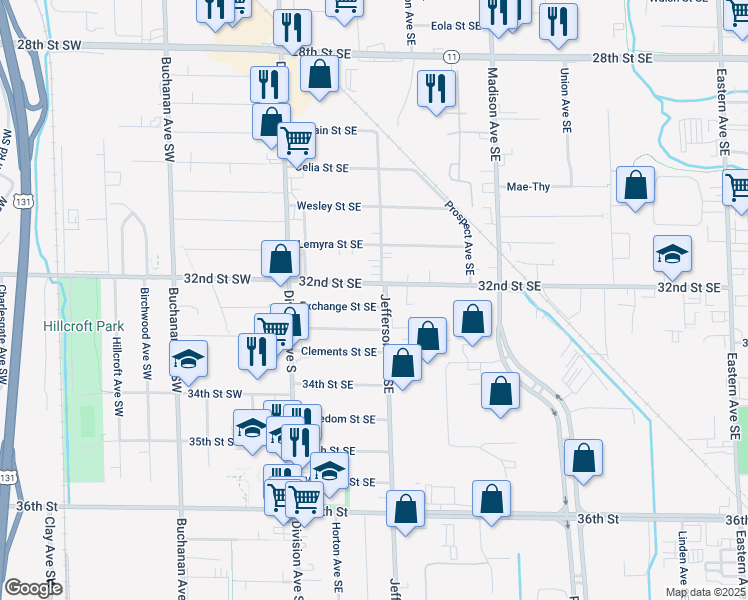 map of restaurants, bars, coffee shops, grocery stores, and more near 147 Frontenac Street Southeast in Grand Rapids