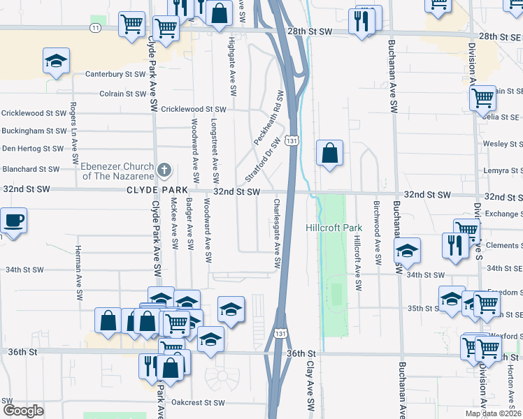 map of restaurants, bars, coffee shops, grocery stores, and more near 3275 Charlesgate Avenue Southwest in Wyoming
