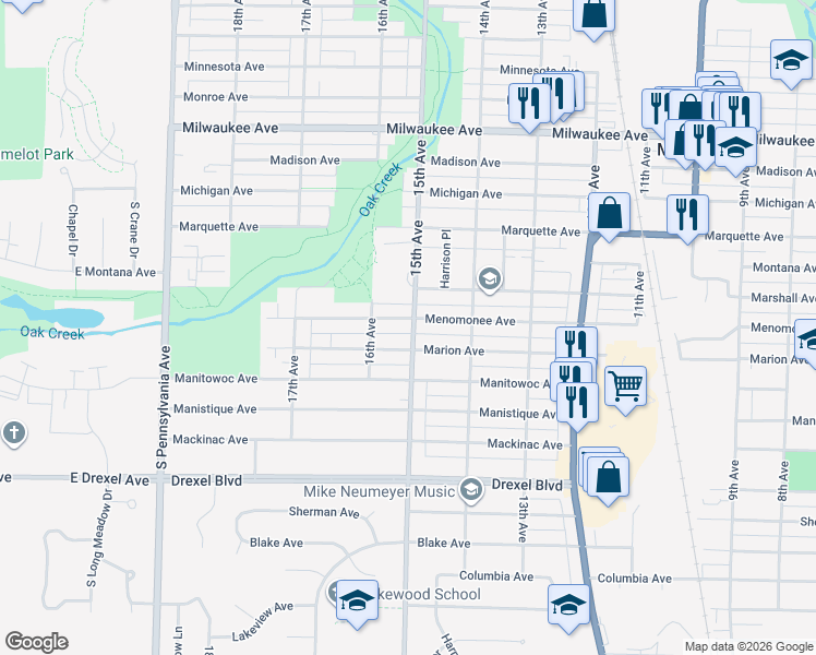 map of restaurants, bars, coffee shops, grocery stores, and more near 1435 Marion Avenue in South Milwaukee