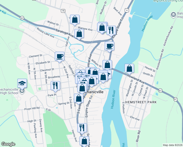 map of restaurants, bars, coffee shops, grocery stores, and more near 34 North Central Avenue in Mechanicville