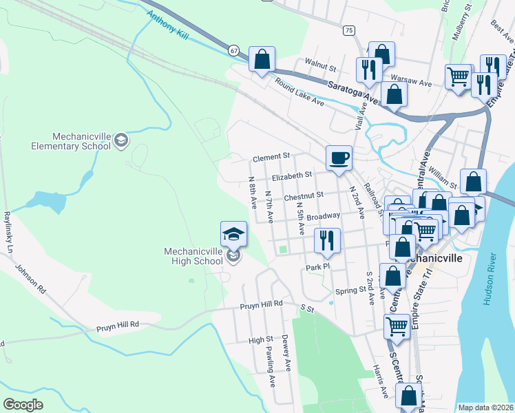 map of restaurants, bars, coffee shops, grocery stores, and more near 1000 Broadway in Mechanicville