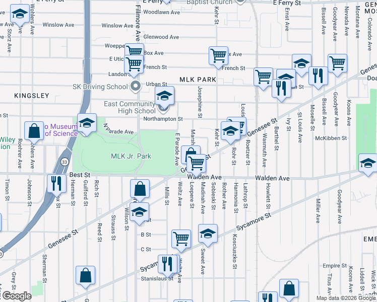 map of restaurants, bars, coffee shops, grocery stores, and more near 35 East Parade Avenue in Buffalo