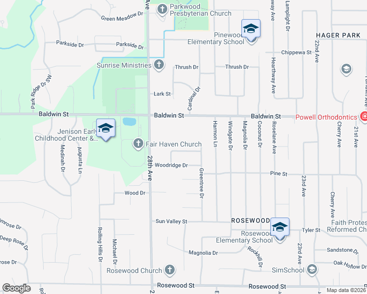 map of restaurants, bars, coffee shops, grocery stores, and more near 2683 Woodridge Drive in Georgetown Township