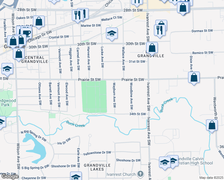 map of restaurants, bars, coffee shops, grocery stores, and more near 3259 Wayburn Avenue Southwest in Grandville