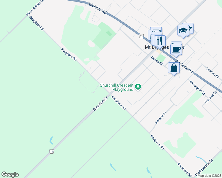 map of restaurants, bars, coffee shops, grocery stores, and more near 8514 Glendon Drive in Mount Brydges