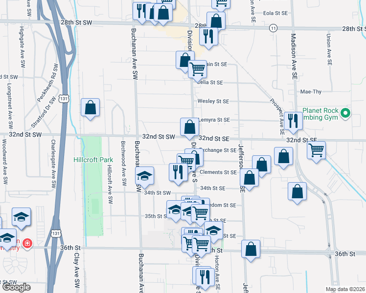 map of restaurants, bars, coffee shops, grocery stores, and more near 21 33rd Street Southwest in Grand Rapids