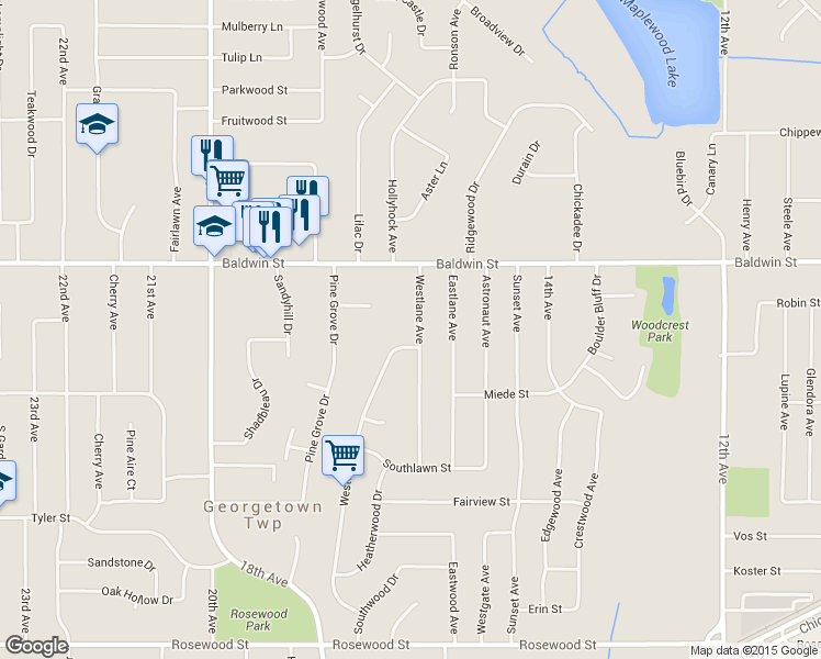 map of restaurants, bars, coffee shops, grocery stores, and more near 7493 Westlane Avenue in Georgetown charter Township