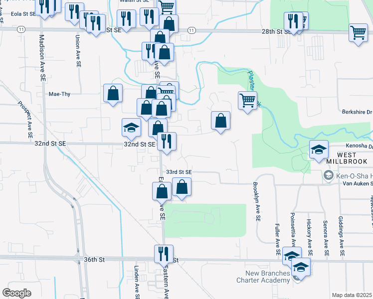 map of restaurants, bars, coffee shops, grocery stores, and more near 3210 Marshall Avenue Southeast in Grand Rapids