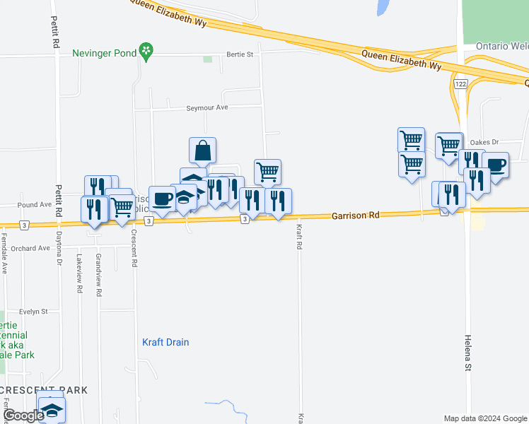 map of restaurants, bars, coffee shops, grocery stores, and more near 1000 Garrison Road in Fort Erie