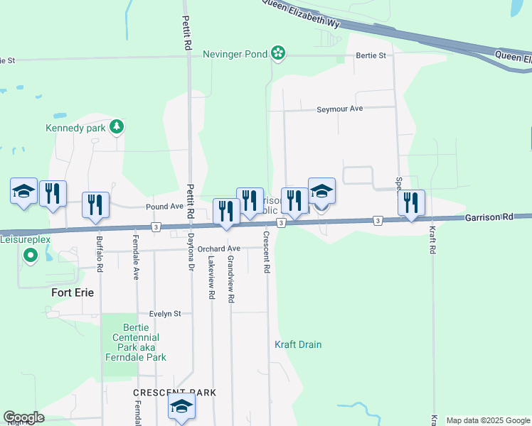 map of restaurants, bars, coffee shops, grocery stores, and more near in Fort Erie