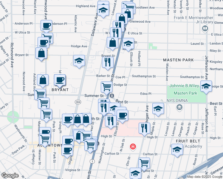 map of restaurants, bars, coffee shops, grocery stores, and more near 1195 Main Street in Buffalo