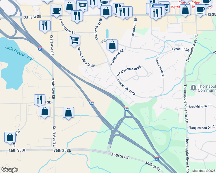 map of restaurants, bars, coffee shops, grocery stores, and more near Centennial Ridge Southeast in Grand Rapids