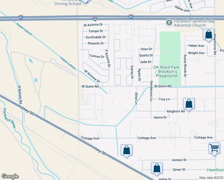 map of restaurants, bars, coffee shops, grocery stores, and more near 4 East Arizona Drive in Pocatello