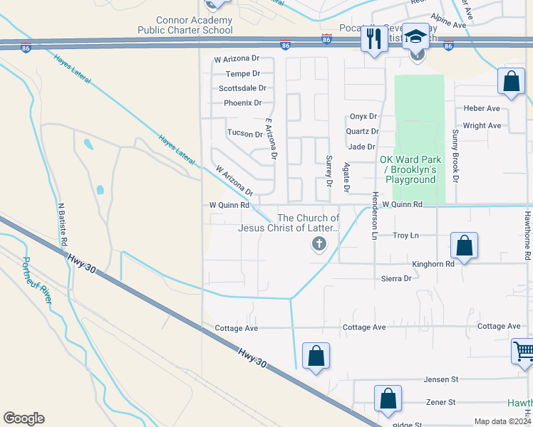 map of restaurants, bars, coffee shops, grocery stores, and more near 1900 West Quinn Road in Pocatello
