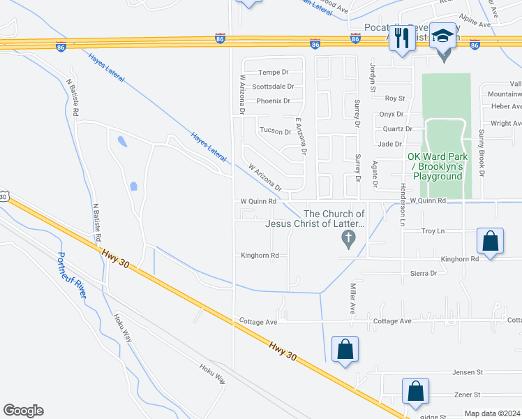 map of restaurants, bars, coffee shops, grocery stores, and more near 116 West Arizona Drive in Pocatello
