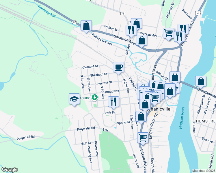 map of restaurants, bars, coffee shops, grocery stores, and more near 610 Chestnut Street in Mechanicville