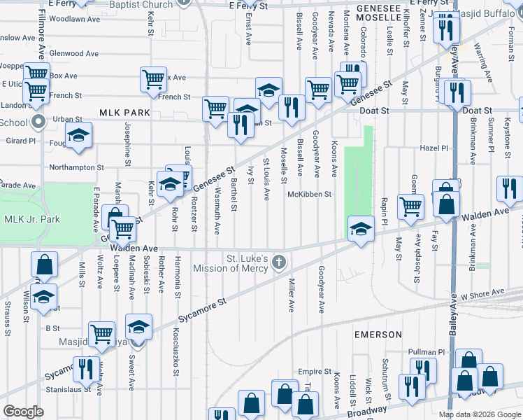 map of restaurants, bars, coffee shops, grocery stores, and more near 89 Saint Louis Avenue in Buffalo