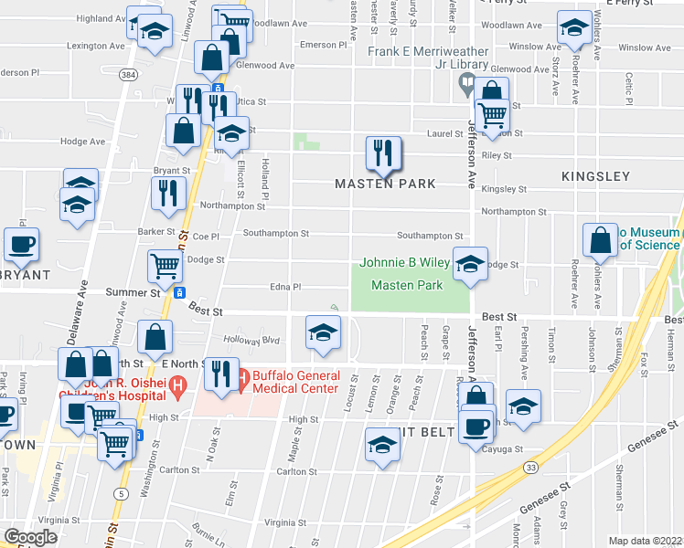 map of restaurants, bars, coffee shops, grocery stores, and more near 139 Masten Avenue in Buffalo