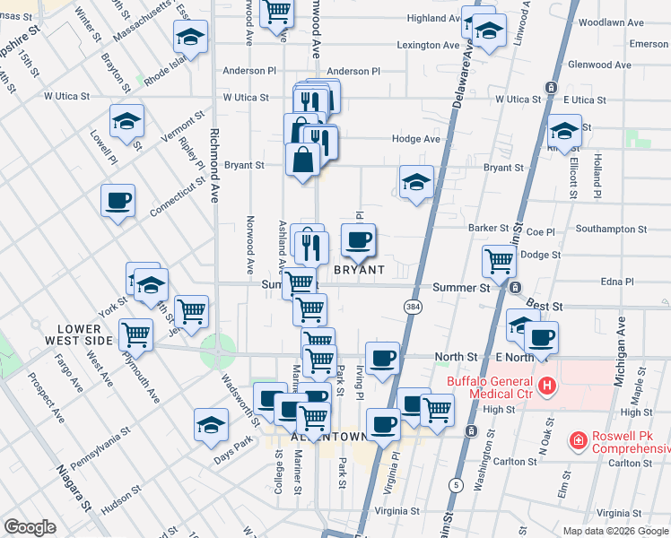 map of restaurants, bars, coffee shops, grocery stores, and more near 21 Saint Andrews Walk in Buffalo