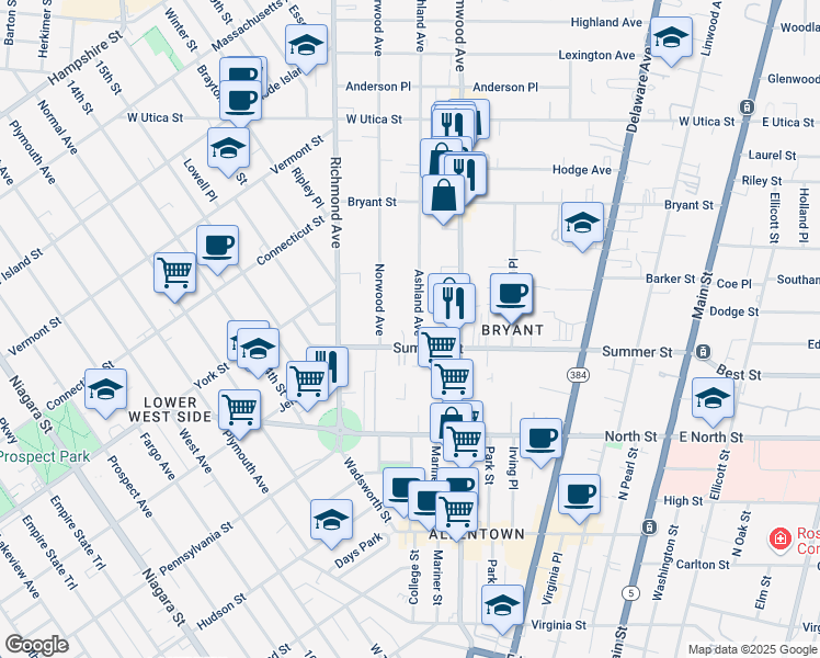 map of restaurants, bars, coffee shops, grocery stores, and more near 42 Ashland Avenue in Buffalo