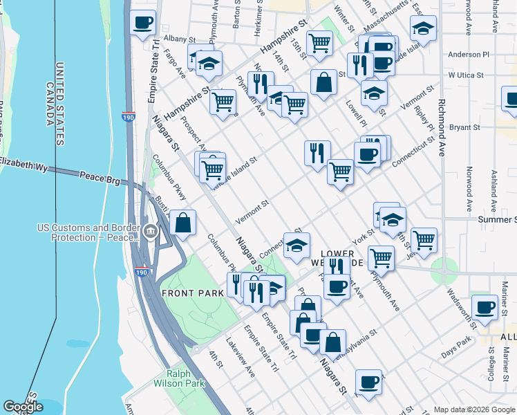 map of restaurants, bars, coffee shops, grocery stores, and more near 703 Prospect Avenue in Buffalo