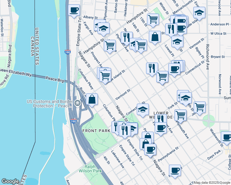 map of restaurants, bars, coffee shops, grocery stores, and more near 728 Prospect Avenue in Buffalo