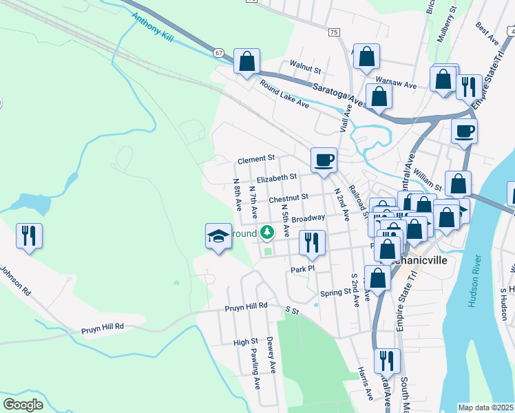 map of restaurants, bars, coffee shops, grocery stores, and more near 317 North 6th Avenue in Mechanicville