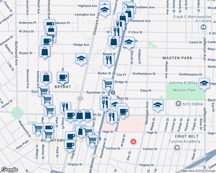 map of restaurants, bars, coffee shops, grocery stores, and more near 1192 Main Street in Buffalo