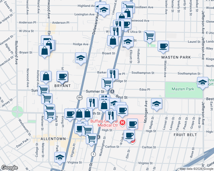 map of restaurants, bars, coffee shops, grocery stores, and more near 1160 Main Street in Buffalo