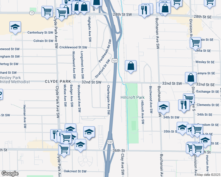 map of restaurants, bars, coffee shops, grocery stores, and more near 3220 Charlesgate Avenue Southwest in Wyoming
