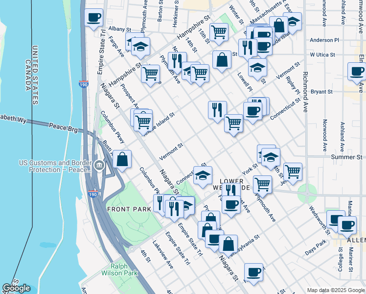 map of restaurants, bars, coffee shops, grocery stores, and more near 139 Vermont Street in Buffalo