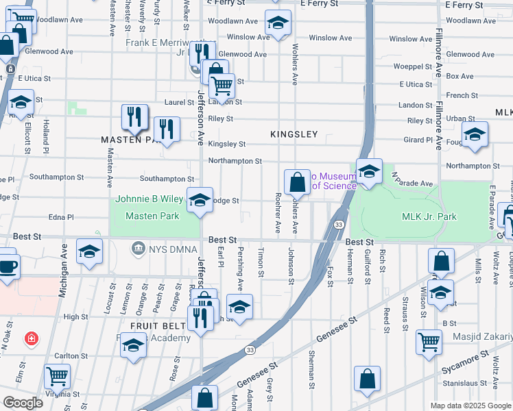 map of restaurants, bars, coffee shops, grocery stores, and more near 210 Timon Street in Buffalo