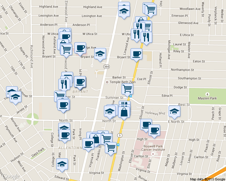 map of restaurants, bars, coffee shops, grocery stores, and more near 134 Linwood Avenue in Buffalo
