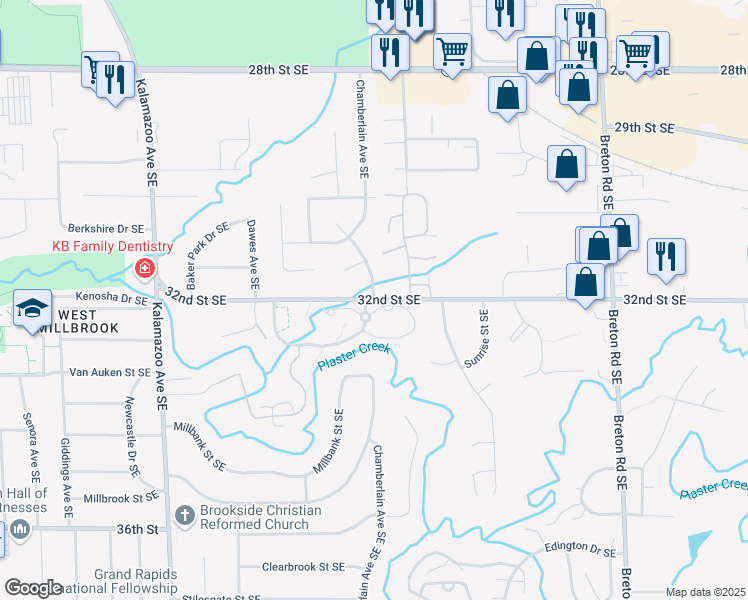 map of restaurants, bars, coffee shops, grocery stores, and more near 3130 32nd Street Southeast in Kentwood