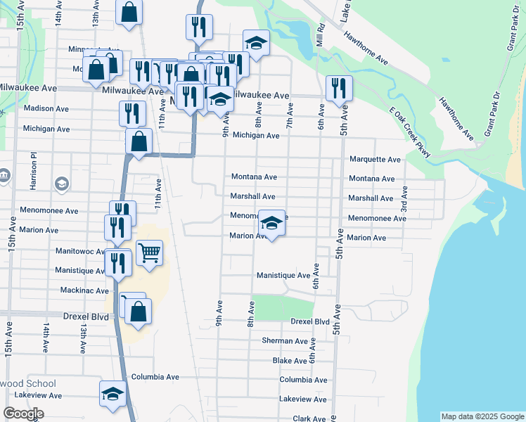 map of restaurants, bars, coffee shops, grocery stores, and more near 721 Marshall Avenue in South Milwaukee