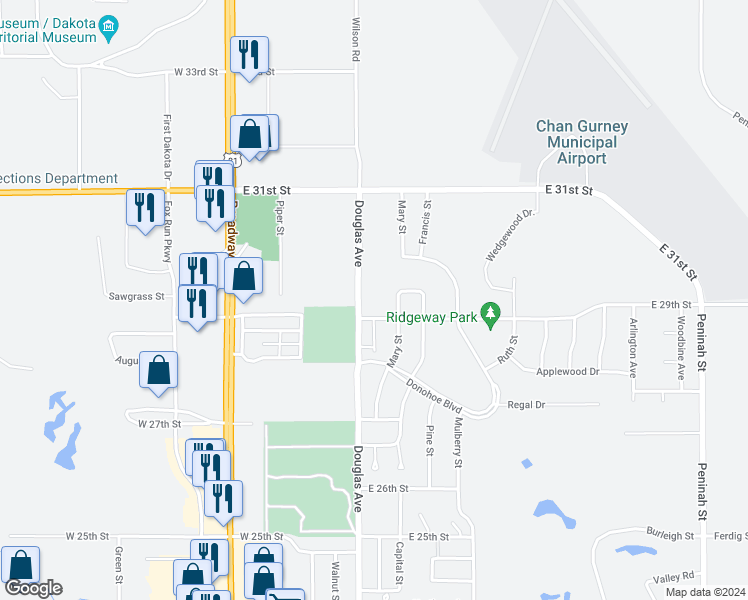 map of restaurants, bars, coffee shops, grocery stores, and more near 2906 Douglas Avenue in Yankton