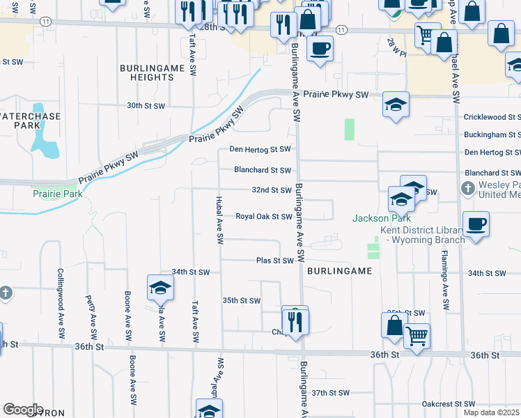 map of restaurants, bars, coffee shops, grocery stores, and more near 1658 32nd Street Southwest in Wyoming