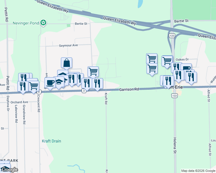 map of restaurants, bars, coffee shops, grocery stores, and more near 938 Garrison Road in Fort Erie
