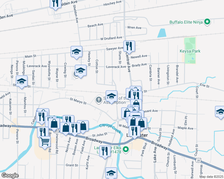 map of restaurants, bars, coffee shops, grocery stores, and more near 83 Sturm Street in Lancaster