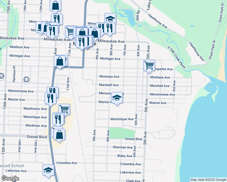 map of restaurants, bars, coffee shops, grocery stores, and more near 721 Marshall Avenue in South Milwaukee