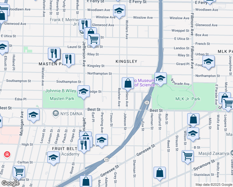 map of restaurants, bars, coffee shops, grocery stores, and more near 487 Dodge Street in Buffalo