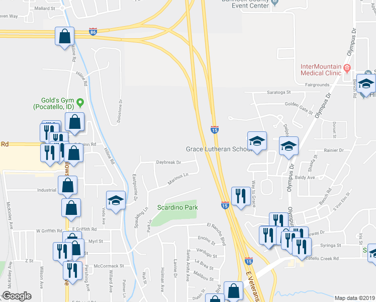 map of restaurants, bars, coffee shops, grocery stores, and more near Hallmark Drive in Pocatello
