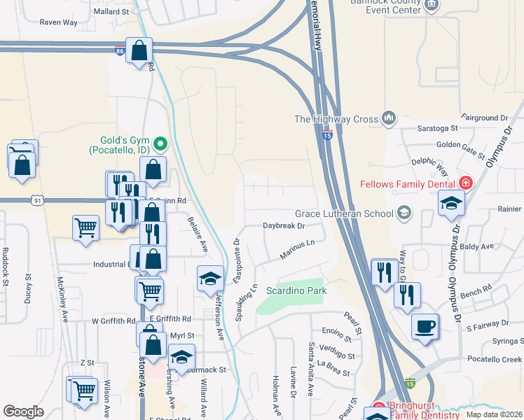 map of restaurants, bars, coffee shops, grocery stores, and more near 1620-1698 Eastpointe Drive in Pocatello