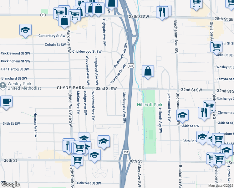 map of restaurants, bars, coffee shops, grocery stores, and more near 3206 Homecrest Avenue Southwest in Wyoming