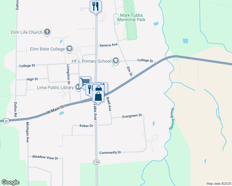 map of restaurants, bars, coffee shops, grocery stores, and more near 7356 East Main Street in Lima