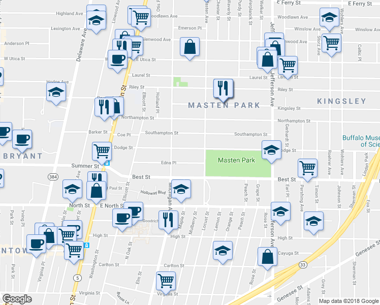map of restaurants, bars, coffee shops, grocery stores, and more near 179 Dodge Street in Buffalo
