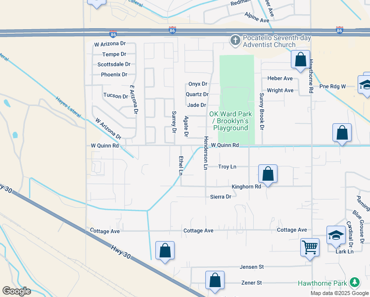 map of restaurants, bars, coffee shops, grocery stores, and more near 1621 Agate Drive in Pocatello