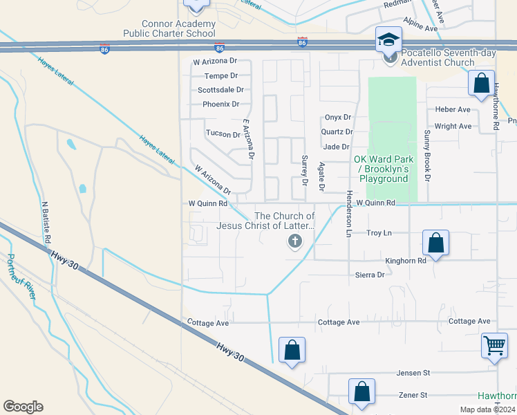 map of restaurants, bars, coffee shops, grocery stores, and more near 4 East Arizona Drive in Pocatello